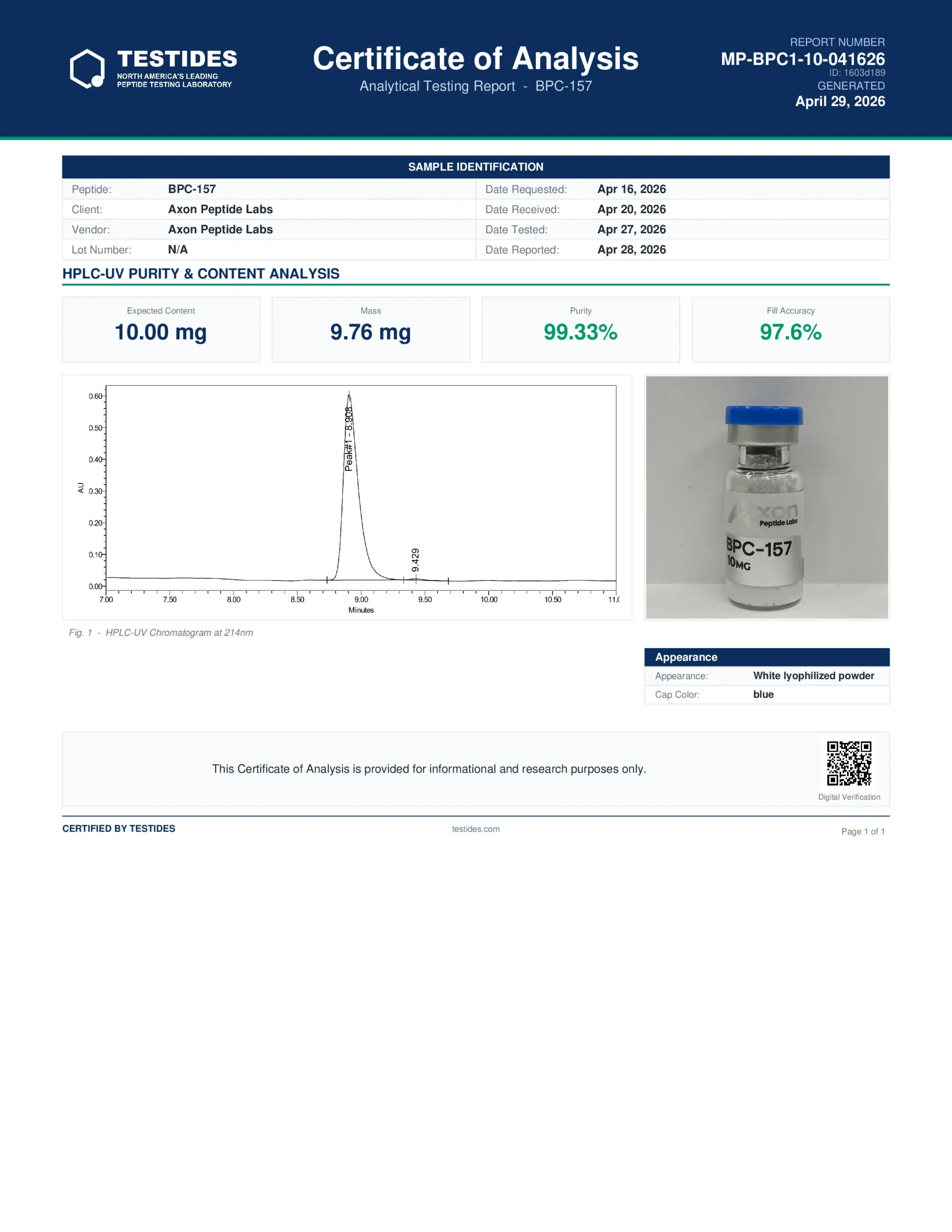 BPC-157 COA Canada lab-tested peptide purity report