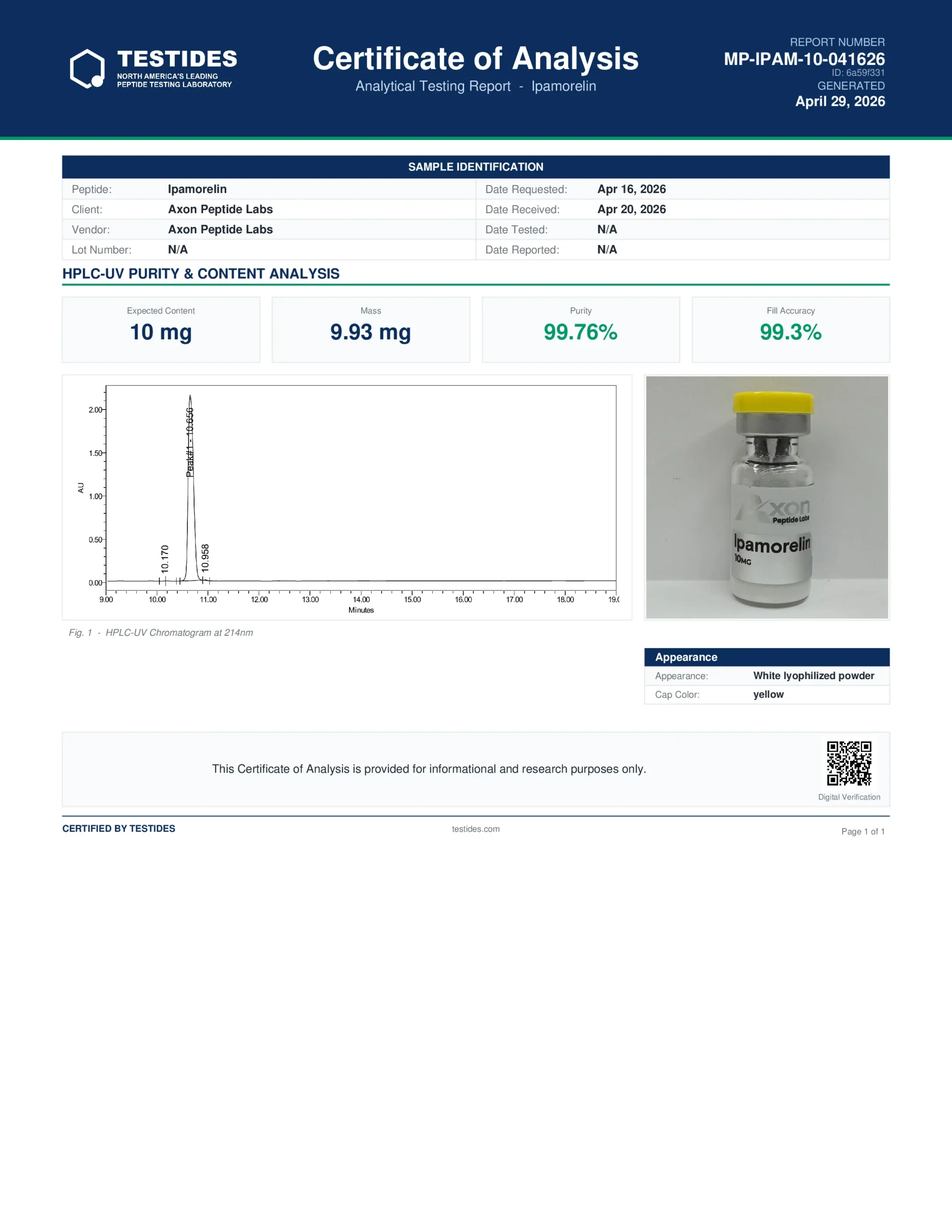 Ipamorelin COA Canada lab-tested peptide purity report