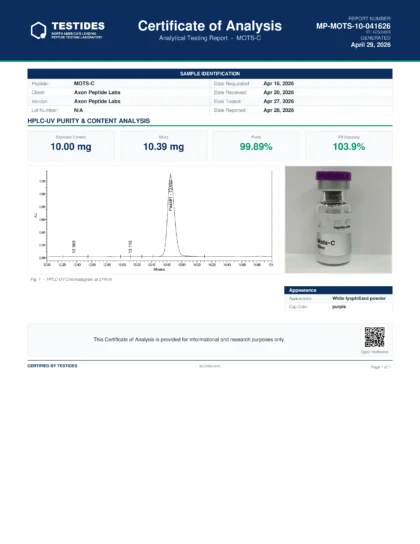 MOTS-C COA Canada lab-tested mitochondrial peptide report