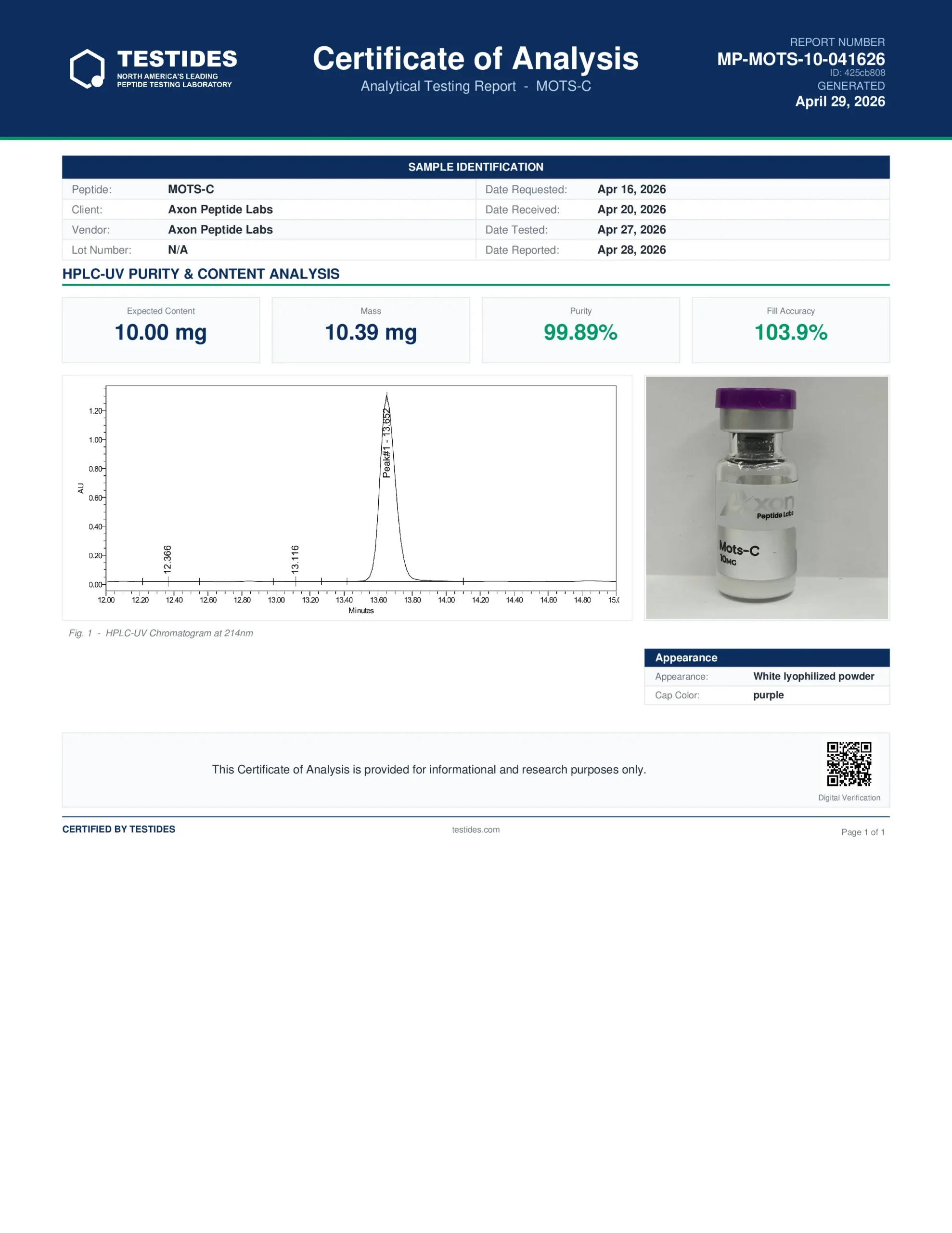 MOTS-C COA Canada lab-tested mitochondrial peptide report
