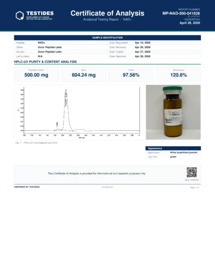 NAD+ 500mg COA Canada lab-tested research compound report