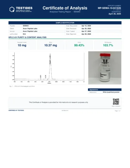 Semax COA Canada lab-tested nootropic peptide purity report