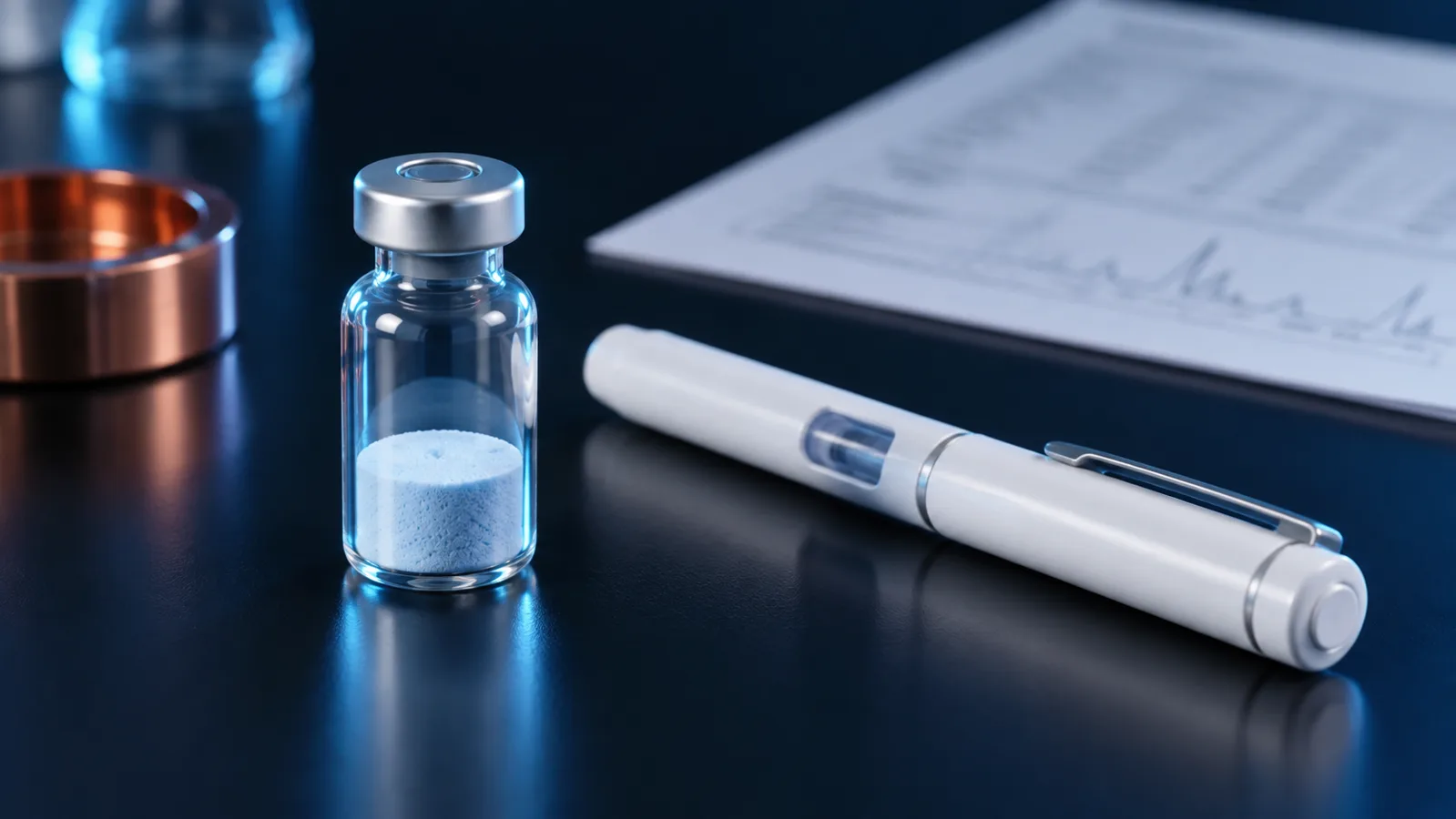 GHK-Cu research vial and pre-formatted research pen next to a batch COA sheet