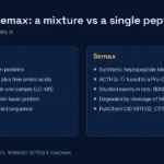 Diagram comparing Cerebrolysin, a porcine brain peptide mixture, with Semax, a single synthetic heptapeptide