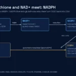Diagram linking NAD+ to glutathione: NAD kinase makes NADP+, NADPH drives glutathione reductase to regenerate GSH from GSSG