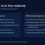 Diagram comparing hCG, a single glycoprotein acting at LHCGR, with hMG, a urinary mixture with FSH and LH activity