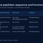 Table image comparing GHRP-6, GHRP-2, hexarelin and ipamorelin by sequence and by GH, prolactin and ACTH/cortisol responses in the cited studies
