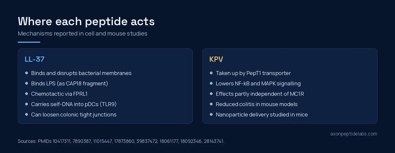 Mechanisms reported for LL-37 and KPV in cell and mouse studies, side by side