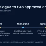 Timeline of alpha-MSH analogues from Melanotan I in 1980 to the 2019 FDA approvals of bremelanotide and afamelanotide