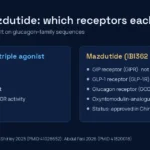 Diagram comparing receptor targets: retatrutide acts on GIP, GLP-1 and glucagon receptors; mazdutide acts on GLP-1 and glucagon receptors only
