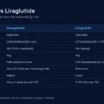 Semaglutide vs liraglutide comparison table: PubChem identity, position 8, side chain, albumin affinity and half-life