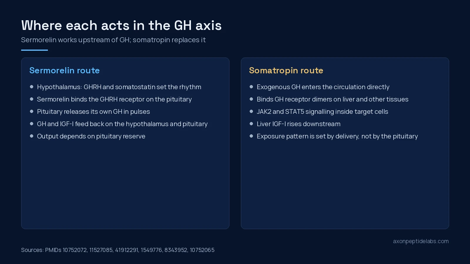 Diagram of where sermorelin and somatropin act in the growth hormone axis