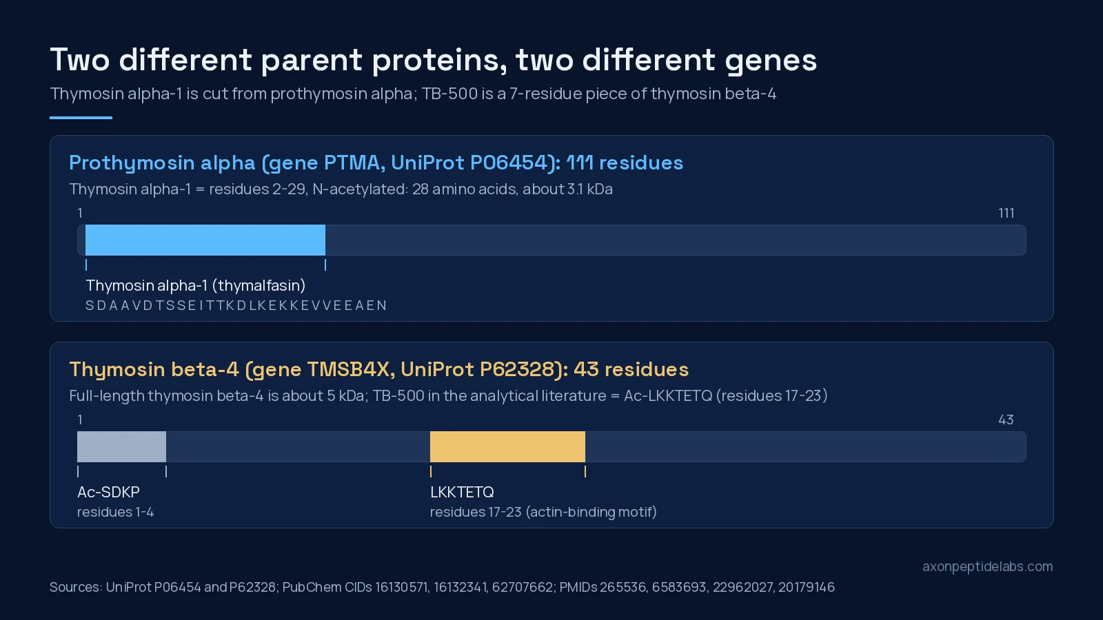 Sequence map: thymosin alpha-1 as residues 2-29 of prothymosin alpha, and TB-500 as residues 17-23 of thymosin beta-4